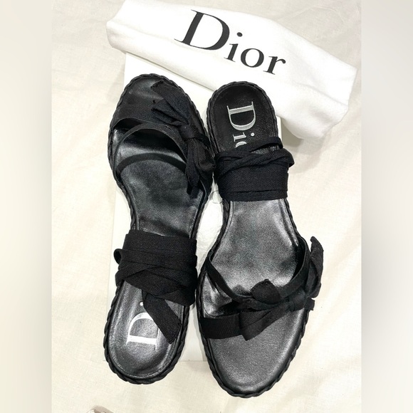 Dior Shoes - NWT DIOR Vintage Black Canvas Bow Accent Gladiator Sandals DIORLITA Flat in Noir